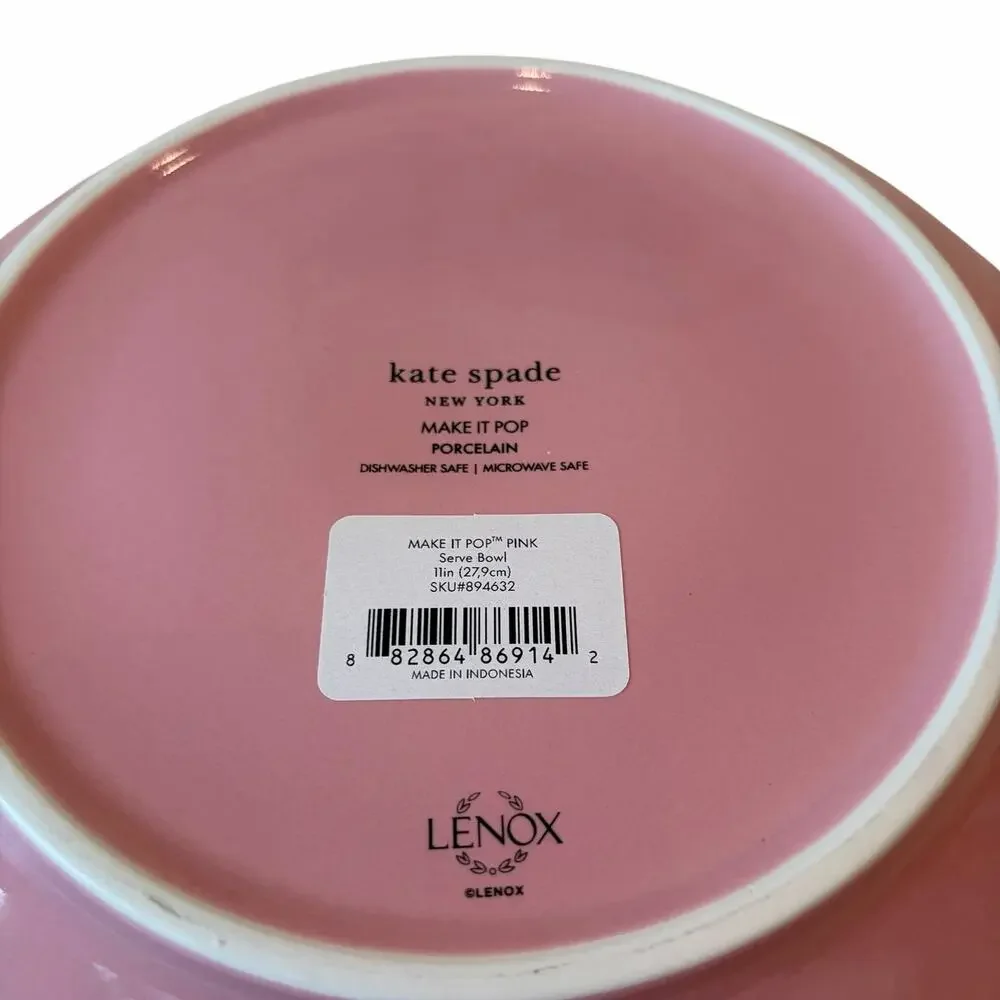 Kate Spade Make It Pop Pink Serving Bowl with Contrasting Red Rim 11in NEW
